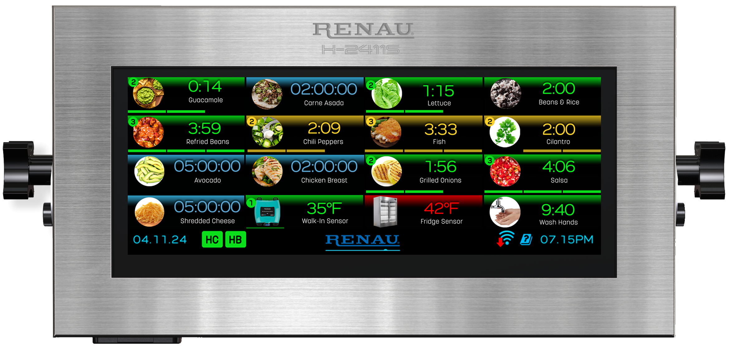 The Renau H-2411 Smart Kitchen System Hub features a stainless steel design with a 10" touchscreen display. This larger display provides a wealth of information visible to staff in any area of the kitchen - Features include cook, freshness, & process timing, temperature tracking, task reminders, management automation & job aids.
